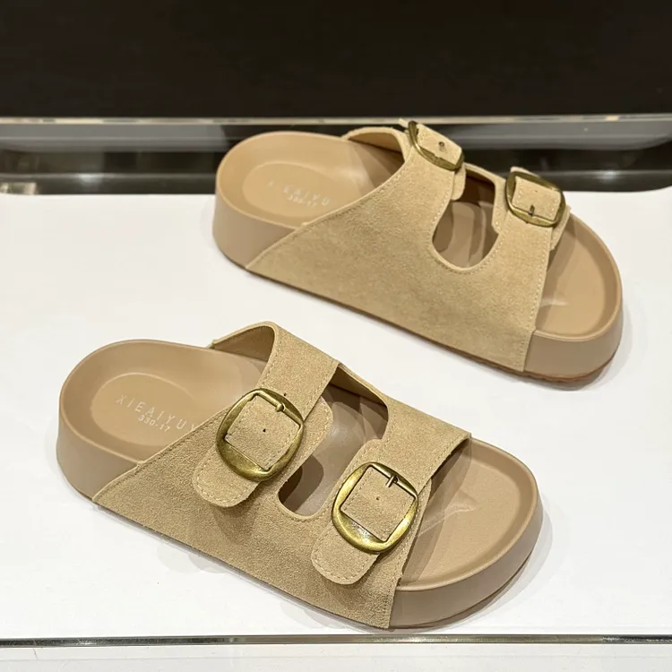 韩版爆款勃肯外穿凉拖鞋女2025新款夏季复古厚底百搭皮带扣一字拖