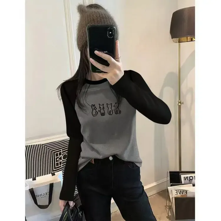 加绒打底衫内搭秋冬小众上衣2025新款洋气印花撞色长袖t恤女显瘦