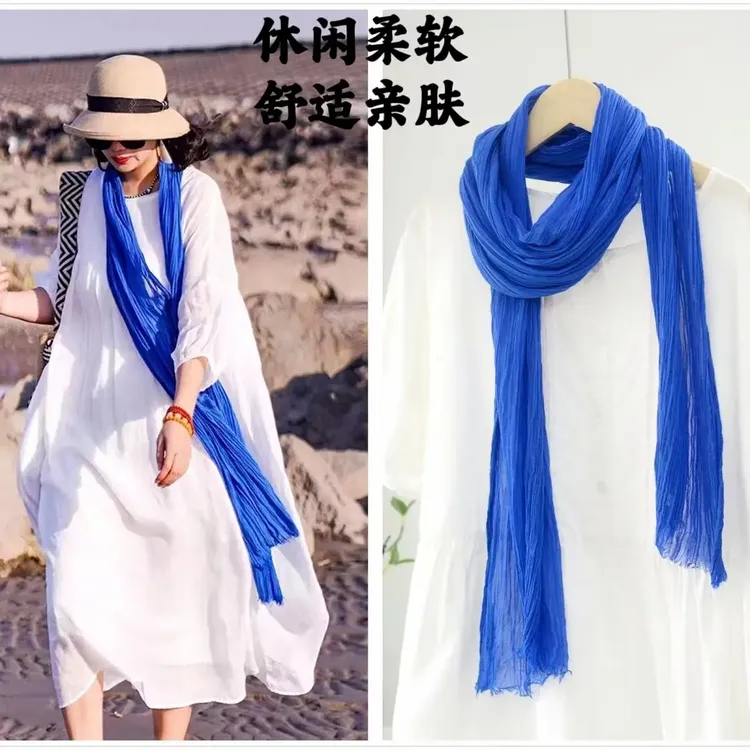 春夏文艺柔软细长褶皱棉麻围巾休闲百搭薄款装饰护颈长条丝巾纯色