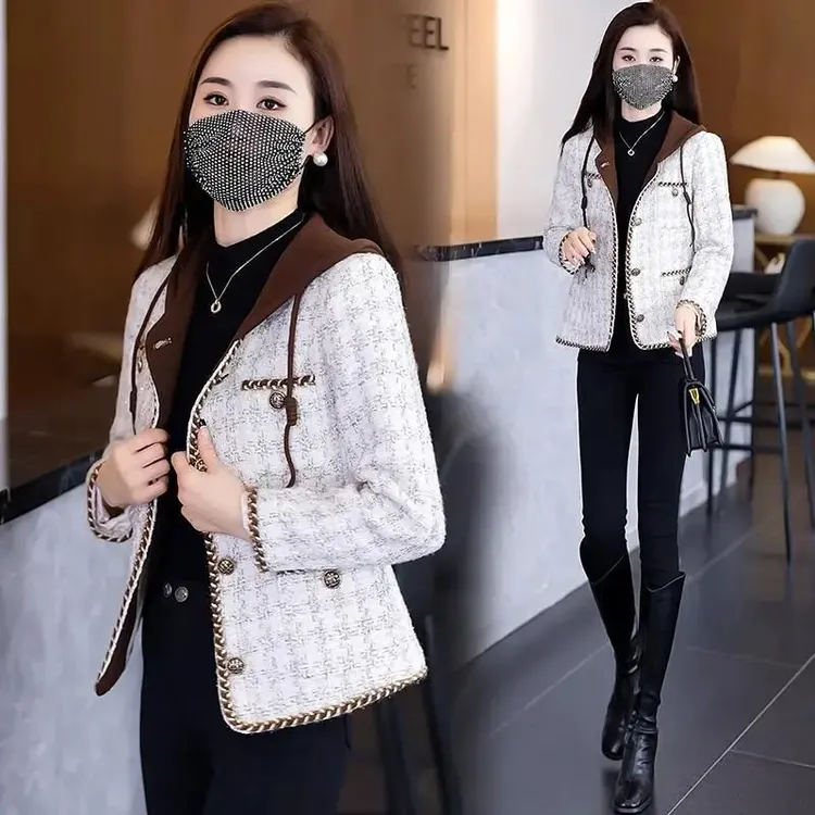 秋冬时尚洋气小香风编织外套女新款连帽休闲百搭显瘦气质短款上衣