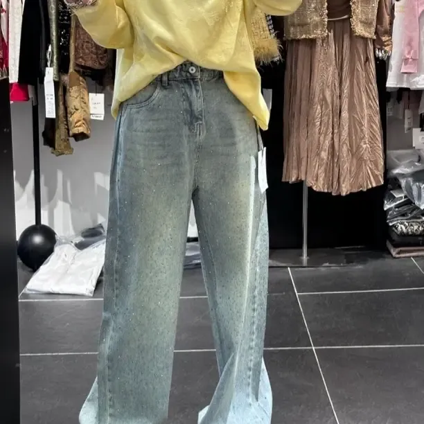 爆款女款宽松显瘦高腰百搭浅蓝色直筒拖地牛仔裤1527