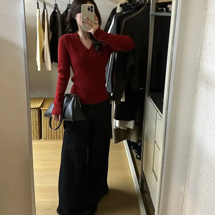 韩系冬季百搭显瘦交叉领针织衫女上衣