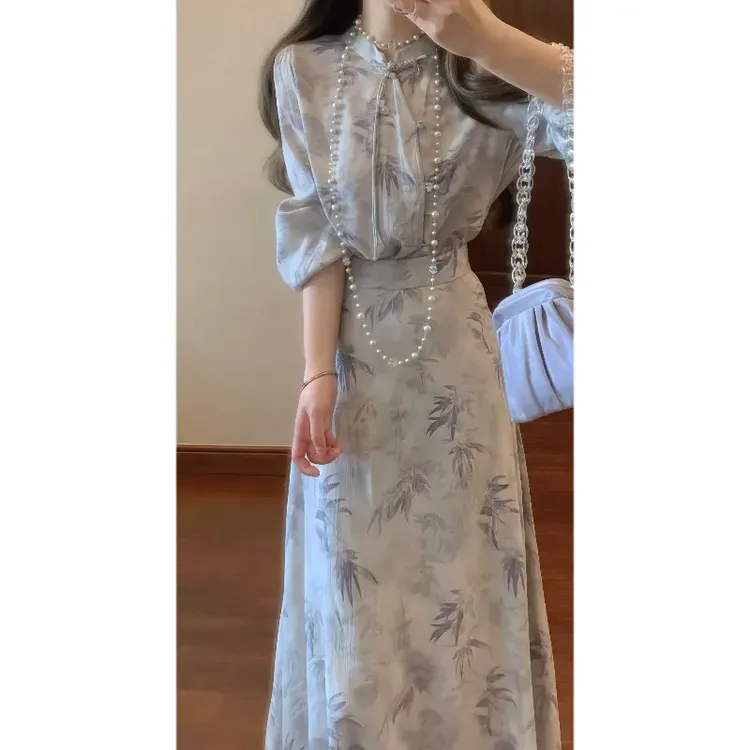 新中式水墨印花立领衬衫上衣&高腰半身裙国风气质套装