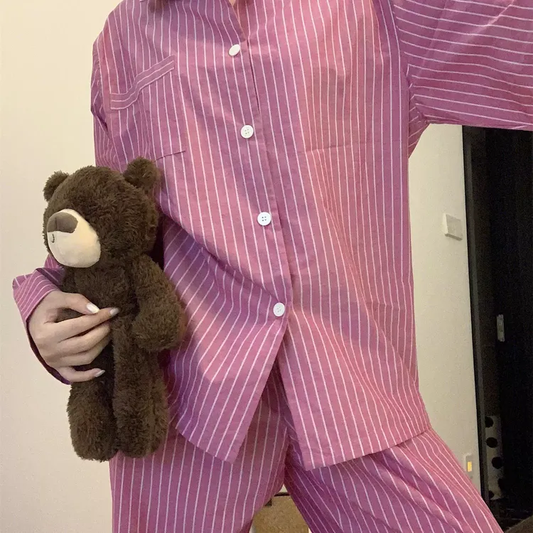 春秋季大码纯棉睡衣女款2025新款长袖条纹全棉家居服套装春秋款