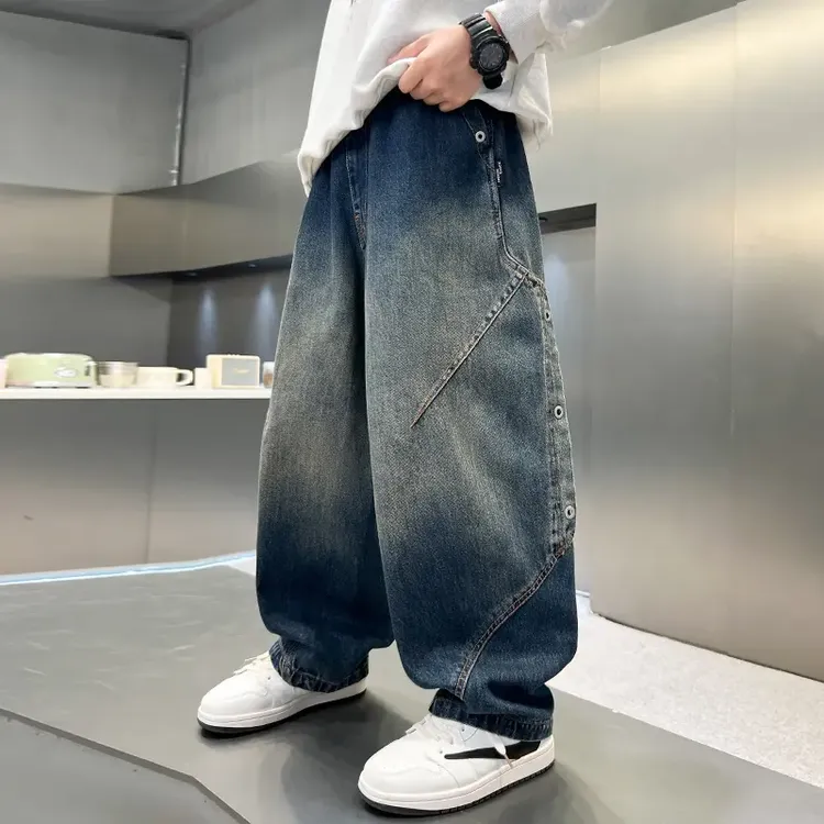 【秋款上新】男童牛仔直筒裤中大童装纯色拼接时髦宽松儿童休闲裤子
