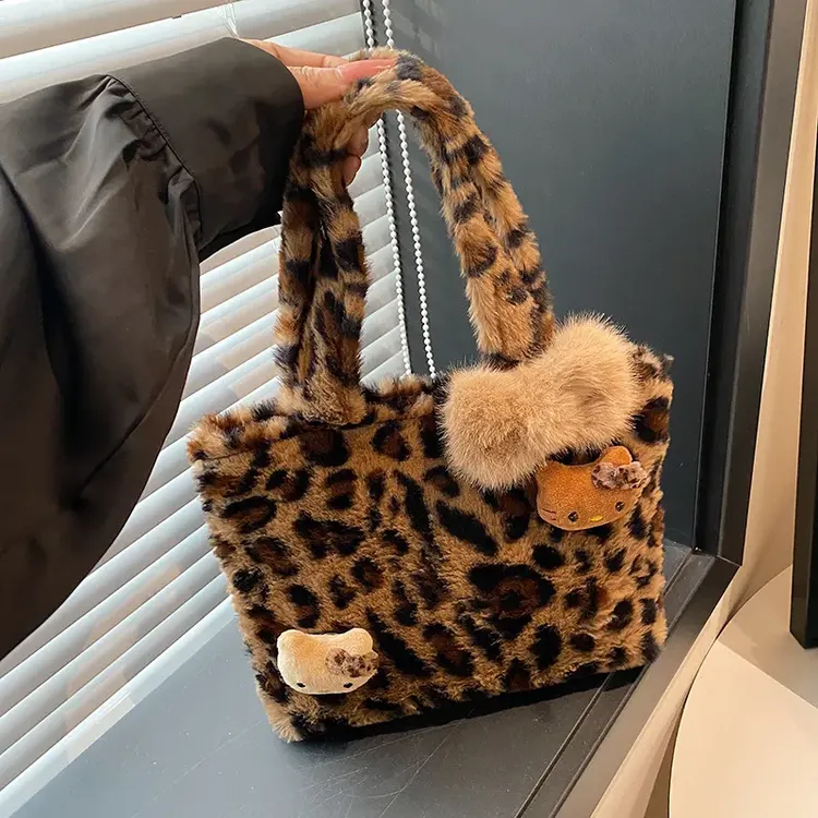 抢【包邮】美拉德毛绒豹纹Kitty手提包可爱通勤包小众古着感手拎包