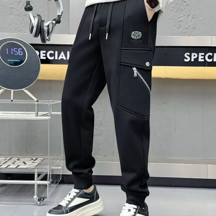 冬季新款男士潮流加绒加厚直筒宽松工装休闲裤刺绣束脚裤15955