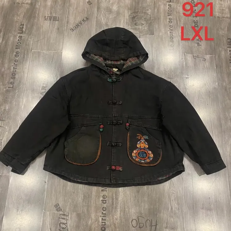 921-1冬季加厚连帽口袋刺绣炒色系牛仔棉衣外套
