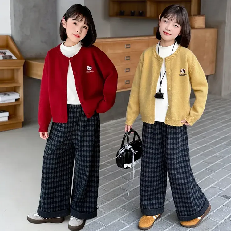 女童秋装毛衣套装2025新款女中大童6-12岁小女孩气质格子裤三件套
