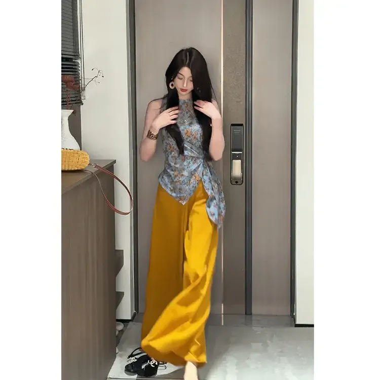 2025夏季新款女时尚显瘦新中式国风印花无袖上衣休闲高腰阔腿套装