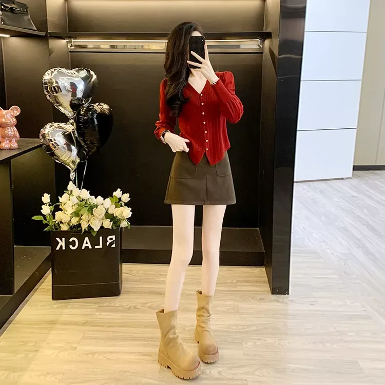 小个子套装裙女开春穿搭一整套气质休闲长袖开衫配牛仔短裙两件套