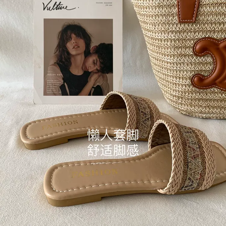 波西米亚风~INS法式小香风晚晚一字拖夏温柔海边度假沙滩凉拖鞋女