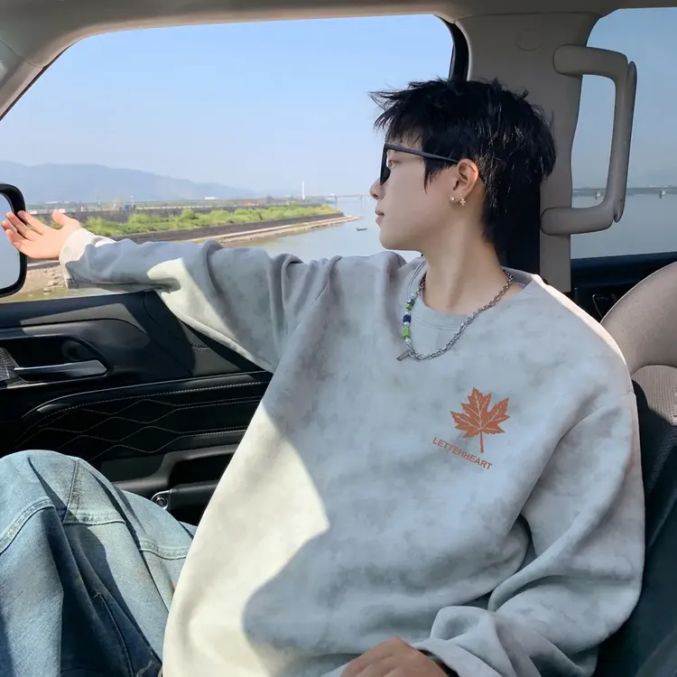 【送运费险】秋新款宽松扎染长袖T恤圆领卫衣男美式高街印花打底衫