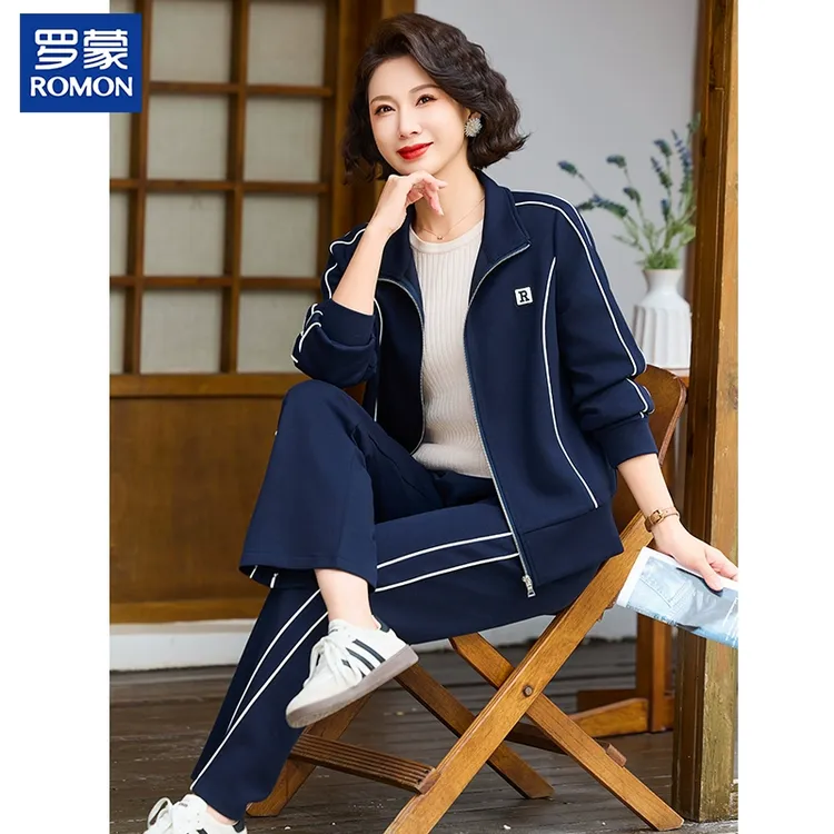 罗蒙时尚妈妈春装休闲运动套装中老年女纯色外套40岁50春秋两件套