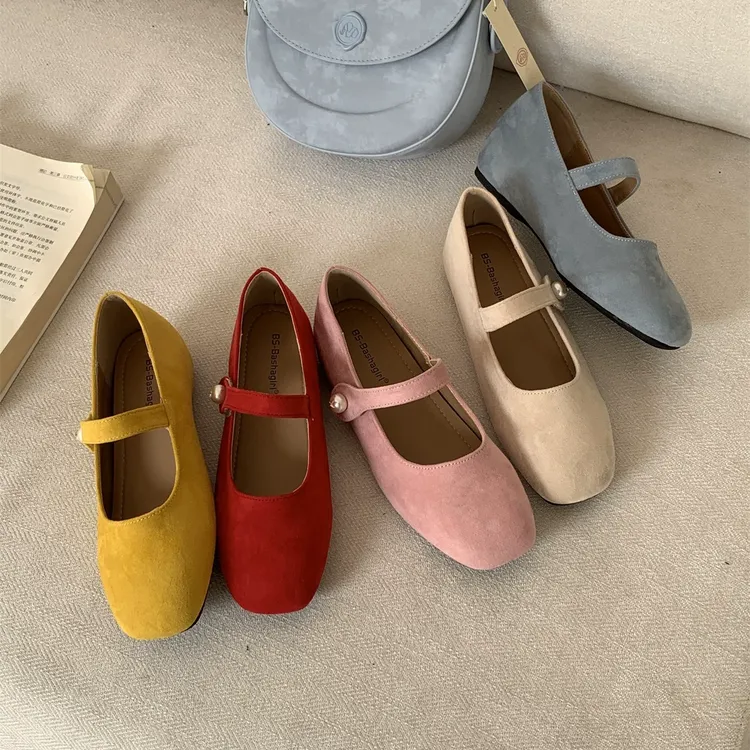 MUMU欧若风彩色珍珠一字带扣内增高平底单鞋复古简约方头玛丽珍鞋