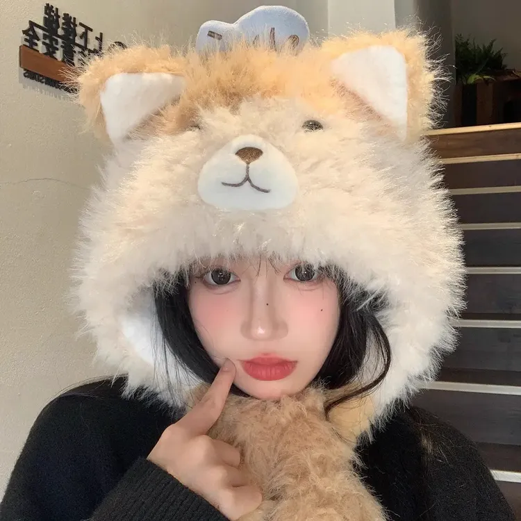 可爱猫耳朵小鱼毛绒帽女冬季加厚防寒保暖显脸小加绒护耳雷锋帽子
