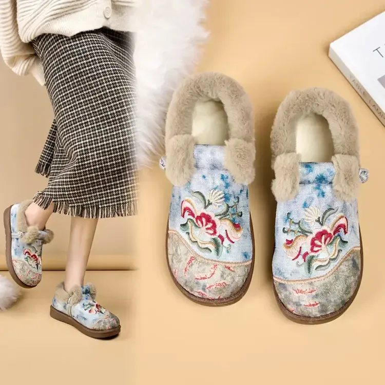 2025绵羊毛冬季老北京棉鞋女加绒加厚保暖妈妈鞋一脚蹬厚底绣花鞋