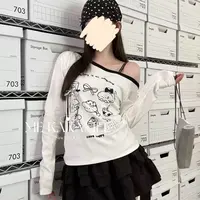 9161#大码学院风秋季新品韩系长袖卡通花边小狗撞色斜肩（秒）