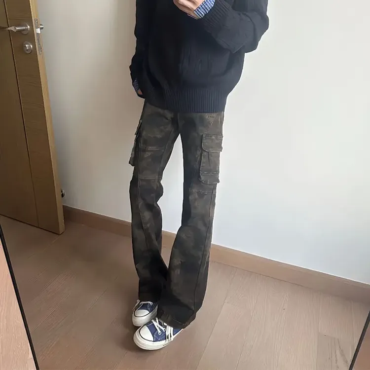 美式高街vibe风迷彩裤子男秋季提裆修身牛仔裤显瘦显高微喇工装裤