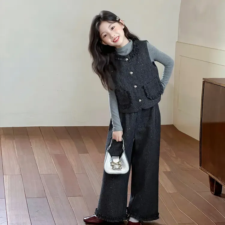 女童秋装毛呢韩系三件套2025新款女大童秋季马甲阔腿裤小香风套装