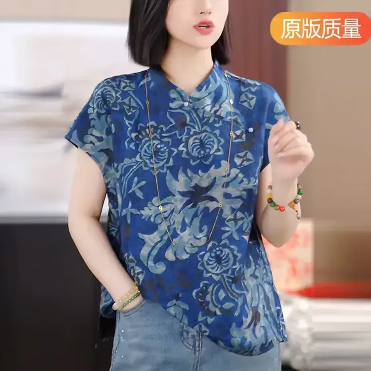 新中式真 丝衬衫女短袖夏季新款高端立领盘扣小衫国风桑蚕 丝上衣