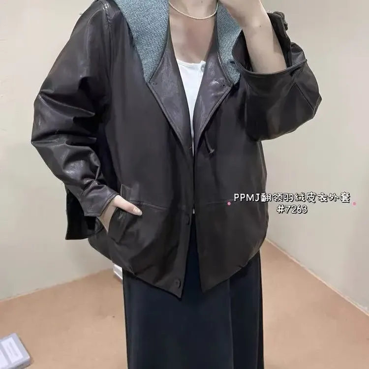 130-220斤秋冬季新款皮衣羽绒服海军领短款夹克翻领气质设计