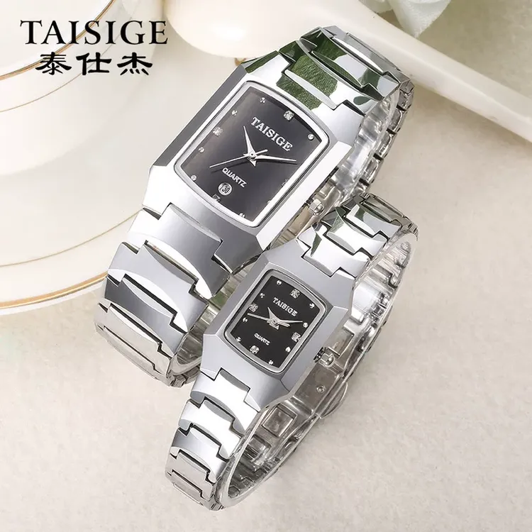 真正实心钨钢方形酒桶新款休闲商务情侣对表金色深度防水男士手表