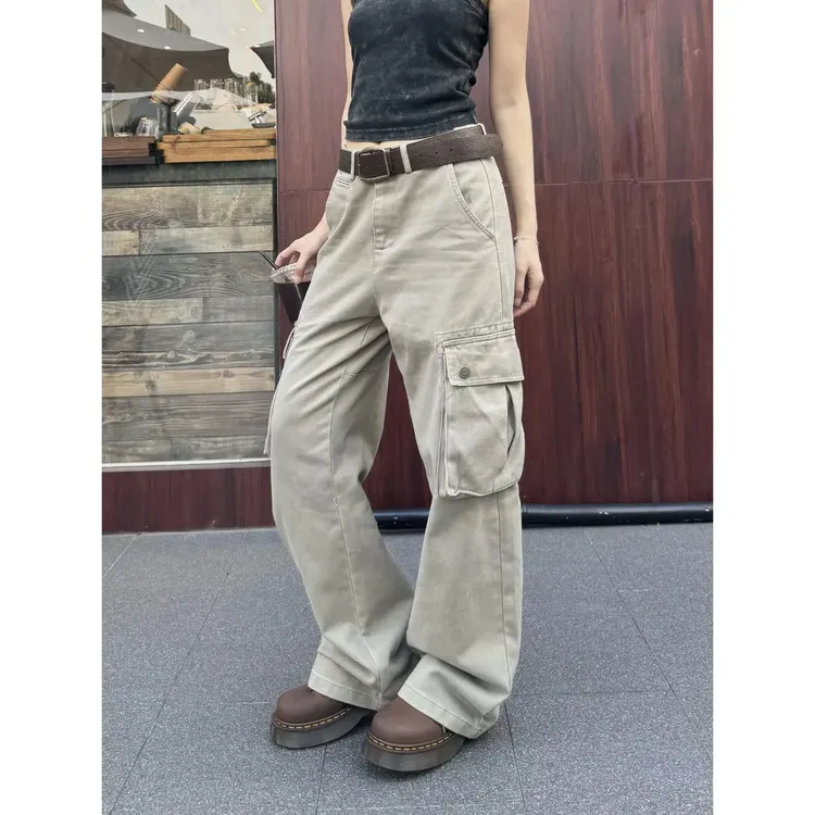 新款美式复古宽松直筒cleanfit工装裤女休闲阔腿运动大口袋长裤潮