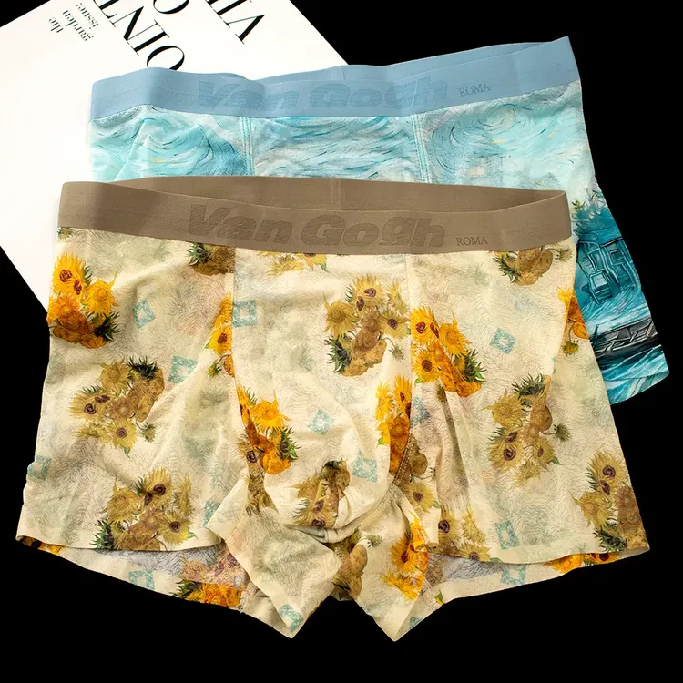 男士冰丝内裤夏季凉感无痕平角裤潮流油画艺术印花四角裤轻薄底裤