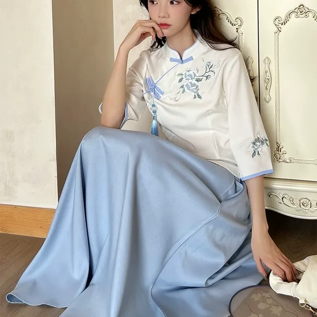 春夏新中式女装民族风连衣裙改良汉服女复古唐装上衣茶艺服两件套