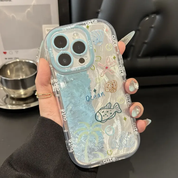 适用适用蓝色海洋世界镜子支架iPhone15/16pro手机壳苹果华为vivo
