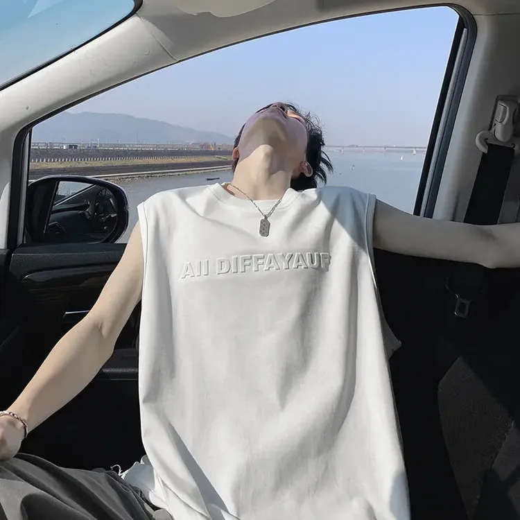 重磅钢印印花无袖T恤男款夏季美式健身运动背心宽松坎肩纯棉短袖