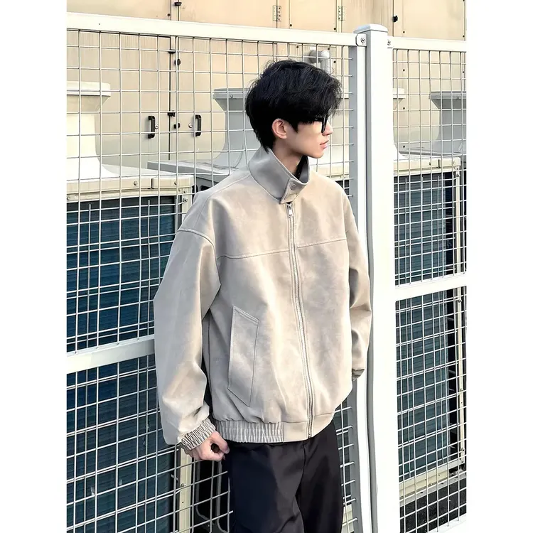 美式复古扎染PU皮夹克男高级感立领机车外套春秋痞帅棉服潮流上衣