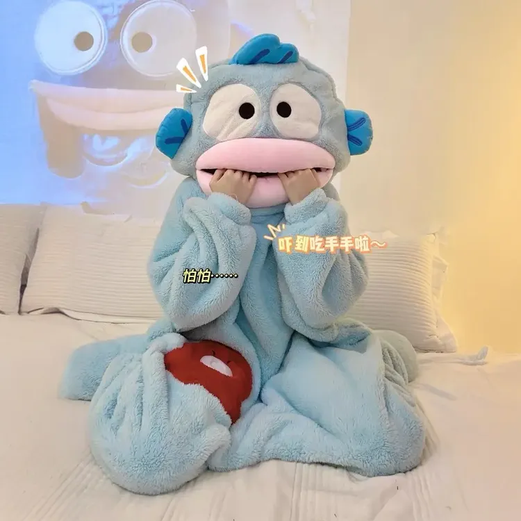 搞怪丑鱼连体睡衣女加厚加绒珊瑚绒家居服冬天可外出情侣睡袍长款