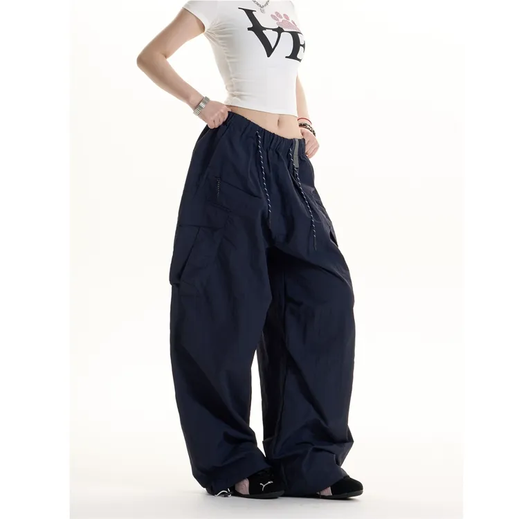 BINXLAN美式复古多口袋薄款工装裤男女夏季宽松显瘦阔腿伞兵裤子