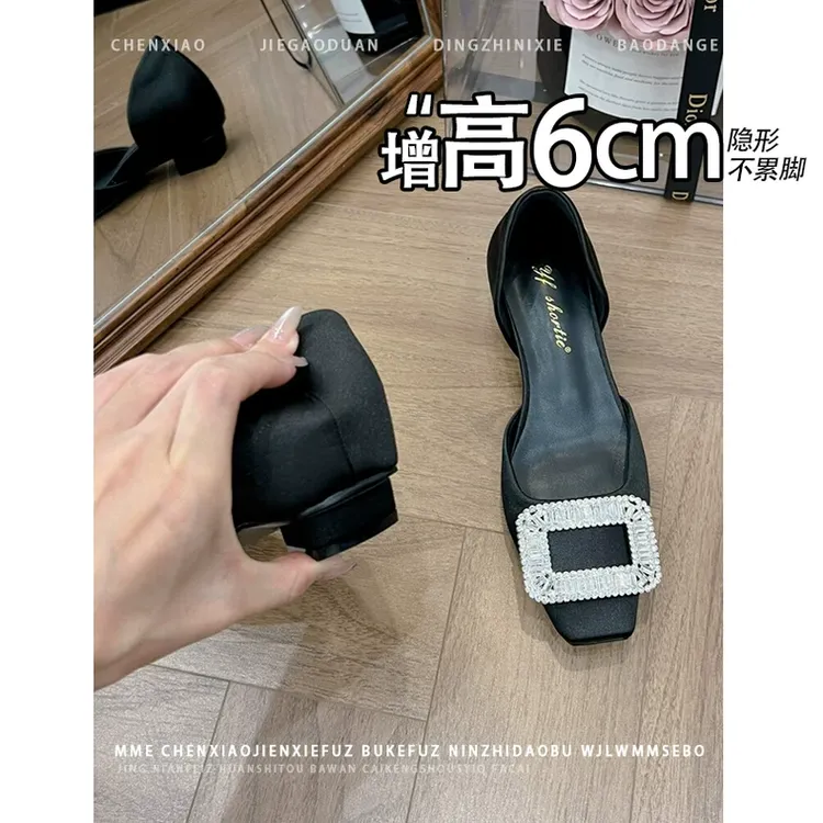 不累脚！缎面水钻方扣内增高6CM玛丽珍鞋女浅口方头中空气质凉单鞋