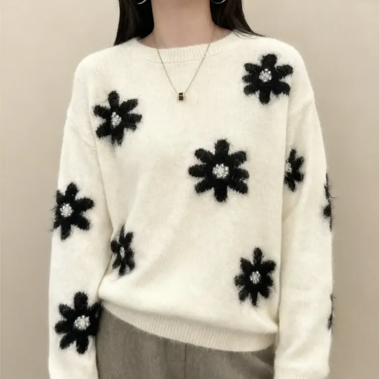 羊驼长毛提花圆领针织衫韩版女秋冬宽松毛衣女款爆款2025新款洋气