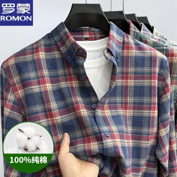 罗蒙品牌秋季新款磨毛格纹纯棉衬衫上衣复古百搭长袖格子衬衣男装