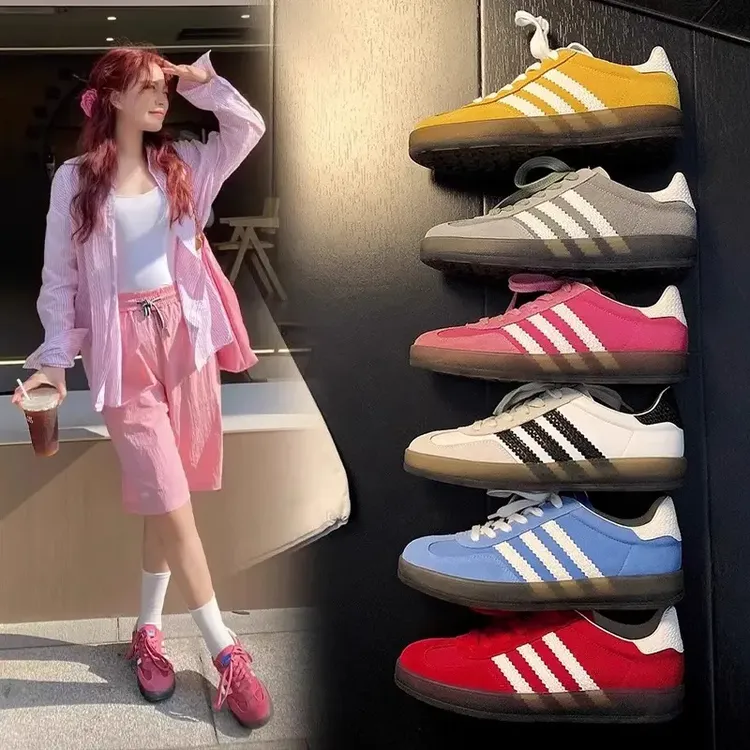 真皮德训鞋女2025新款平底复古系带阿甘鞋运动板鞋三条杠拼色单鞋
