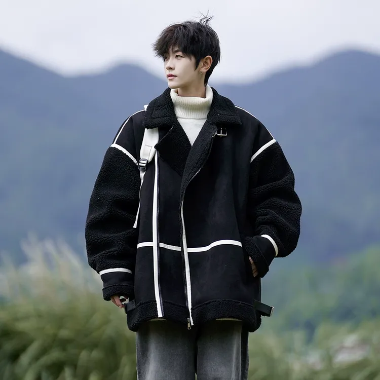 羊羔毛皮毛一体外套男款冬季加厚美式潮牌撞色棉衣青少年大码棉服