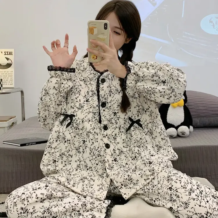 大码带胸垫空气棉月子服秋冬产后加厚孕妇睡衣产妇哺乳家居服套装