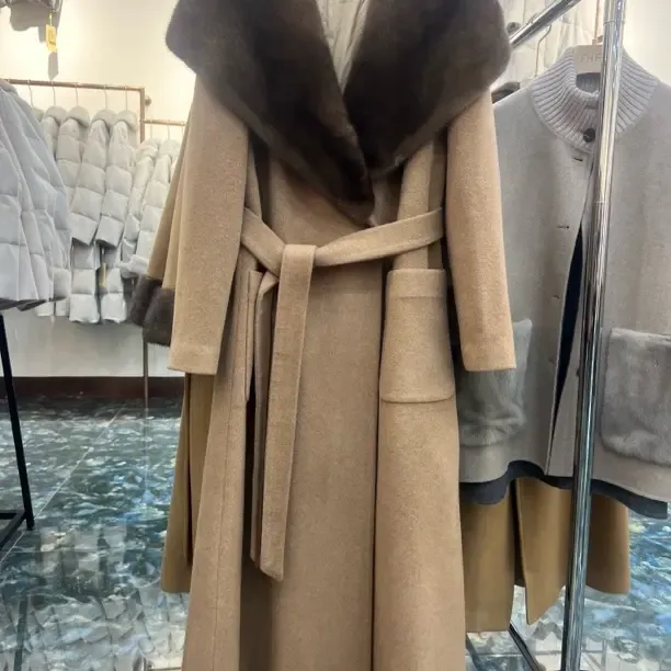 秋冬新款水貂领双面羊绒加厚气质显瘦长款毛呢大衣韩版鹅绒外套