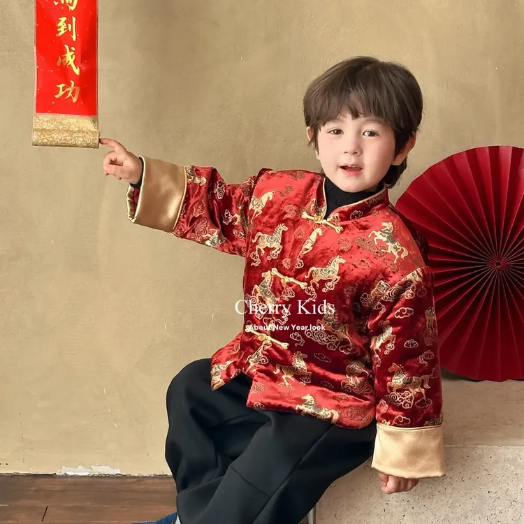 正版樱桃Cherry 男童加绒新中式国风丝绒红色外套6999裤子7061