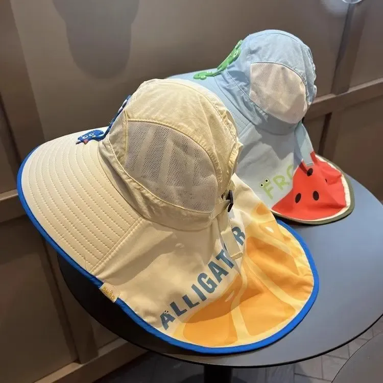 儿童夏季遮阳帽大檐女童网披肩帽男宝宝沙滩防晒渔夫帽户外太阳帽
