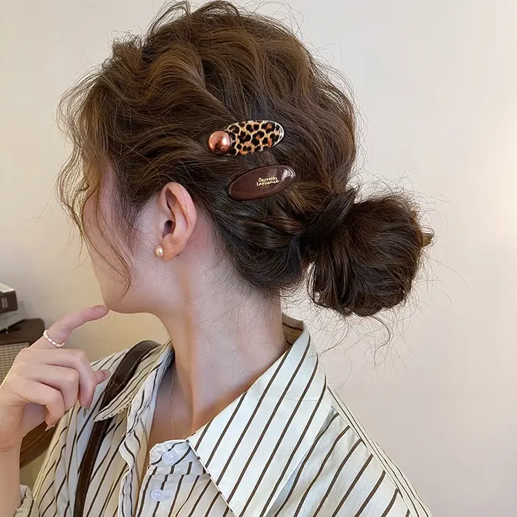 复古豹纹圆珠发夹女前额侧边夹2025新款碎发刘海夹子高端发卡头饰