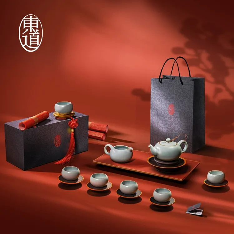 东道汝窑福缘半组（天青）礼盒装手工高端汝窑茶具套装礼赠佳品