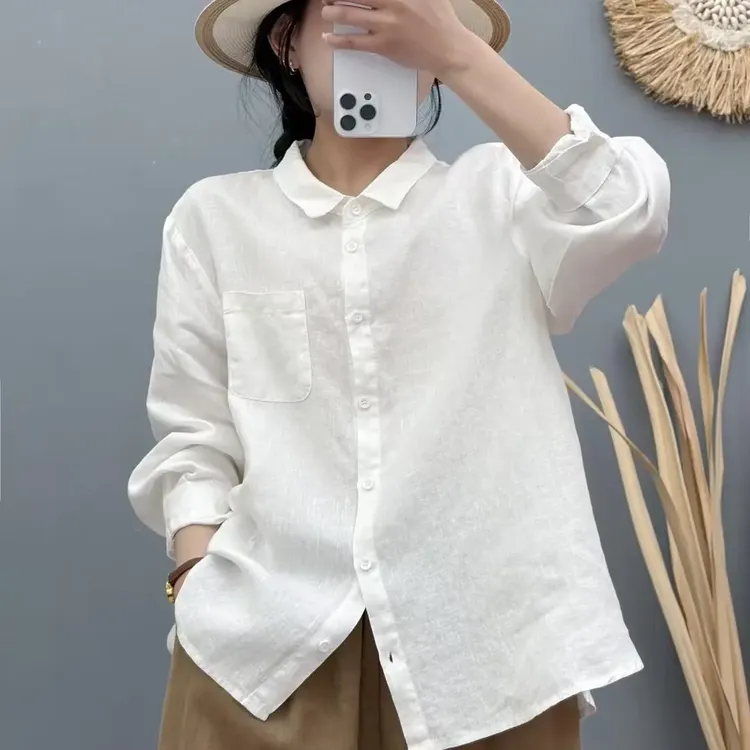 女春夏新款纯色亚麻衬衫翻领设计单排扣文艺复古休闲百搭长袖上衣
