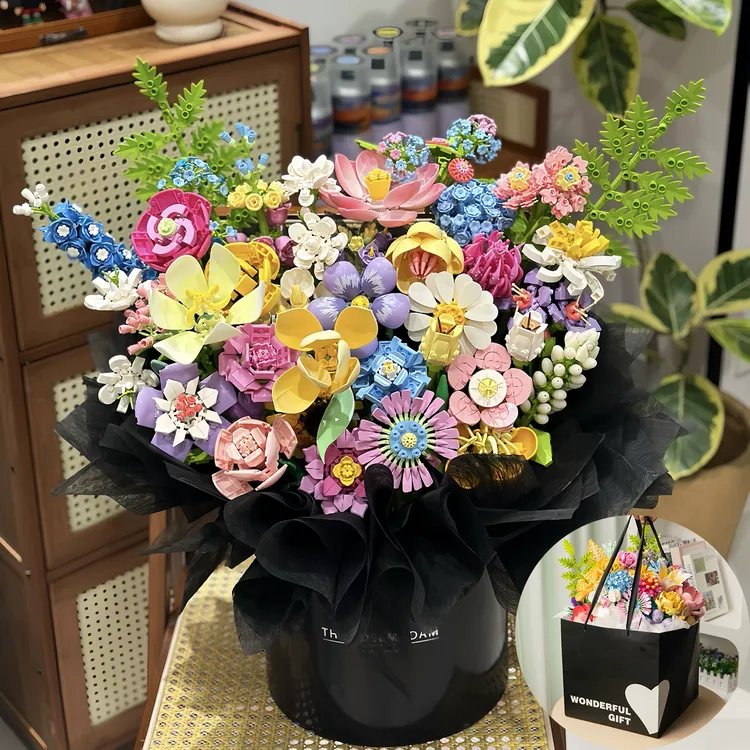 积木花玫瑰花束拼装插花积木益智拼装玩具摆件女生情人节生日礼物
