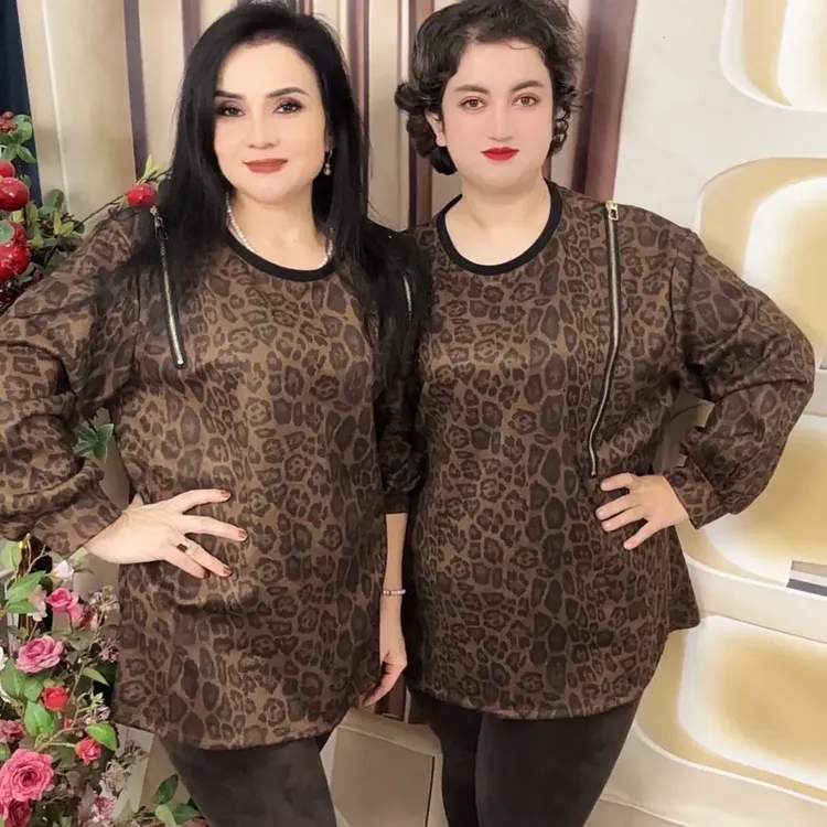 秋季新款豹纹拉链长袖宽松百搭T恤