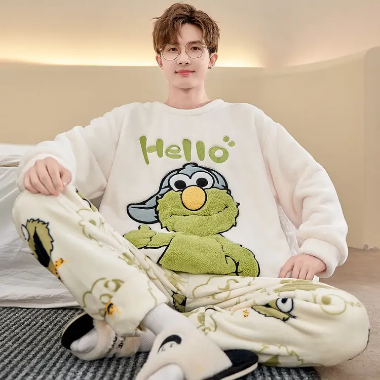 睡衣男士珊瑚绒卡通青少年学生冬款加绒加厚大码秋冬季家居服套装